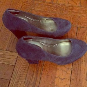 A pair of gray-blue suede Me Too pumps.